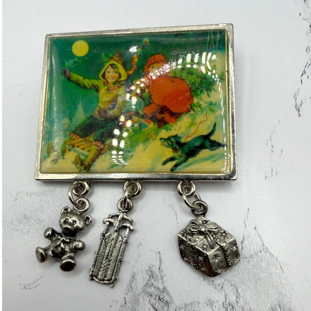 Vintage Nostalgic Winter Scene Brooch Sledding Kids Charm Christmas Holiday Pin